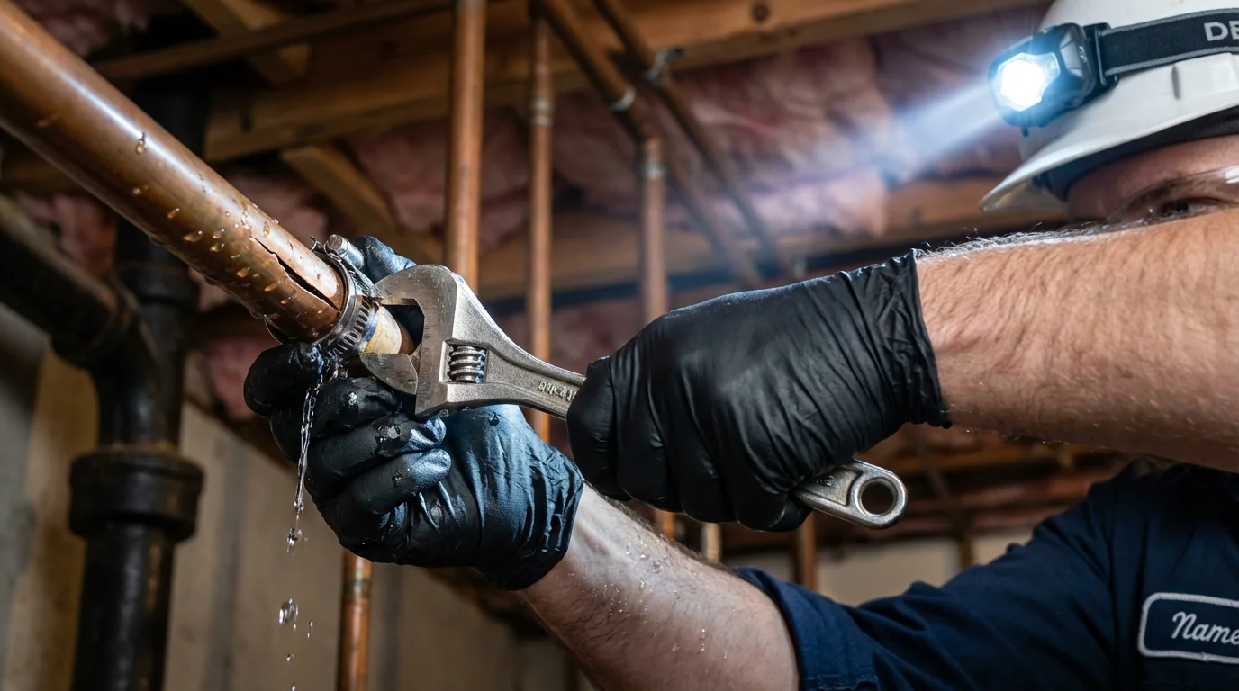 Emergency pipe clamp repair being performed by a Johns Plumbing LLC plumber in Taneytown