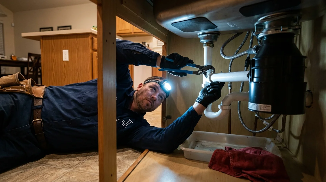 P-trap and supply line connections under a kitchen sink showing a common leak point in Taneytown, MD